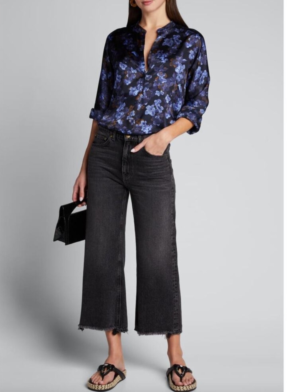 VINCE Plumeria Blooms Printed 100% Silk Blouse Deep Blue and Brown Floral Size L